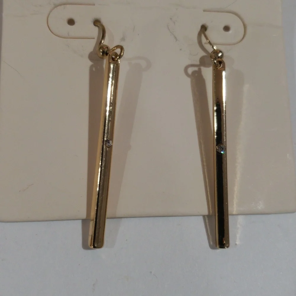 Gold Bar Crystal Drop Earrings – Sleek Vertical Dangles - Women Fashion Jewelry